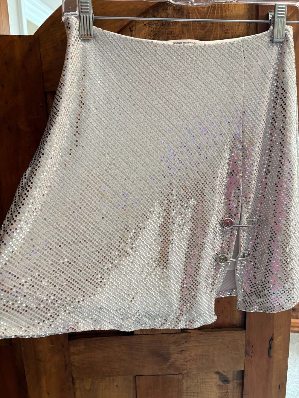 Selfie Leslie Sequin Safety Pin Mini Skirt Size M Silver